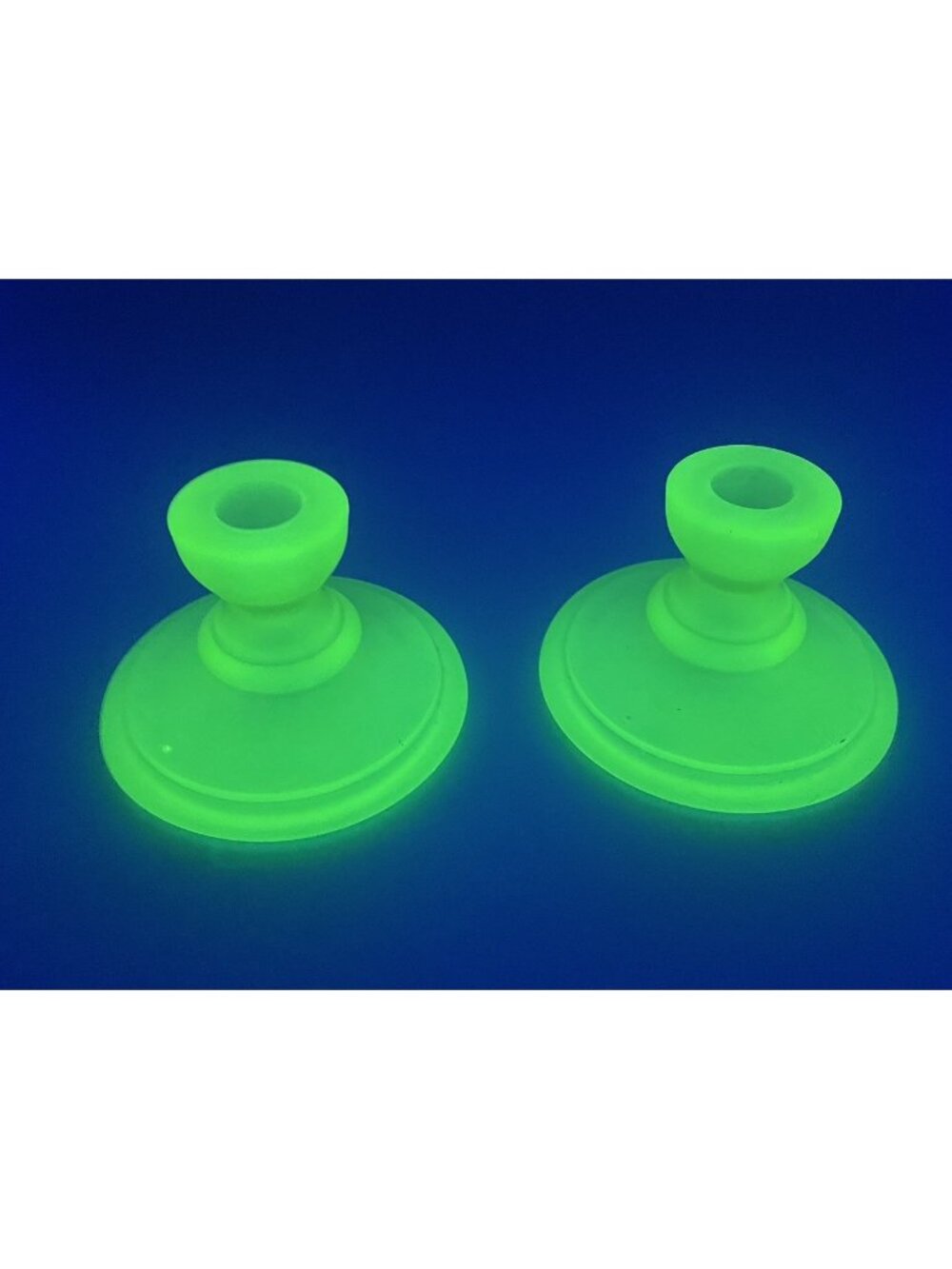 Vtg Pair Of 3-1/2 Green Uranium Vaseline Depression Glass Candlestick Holders